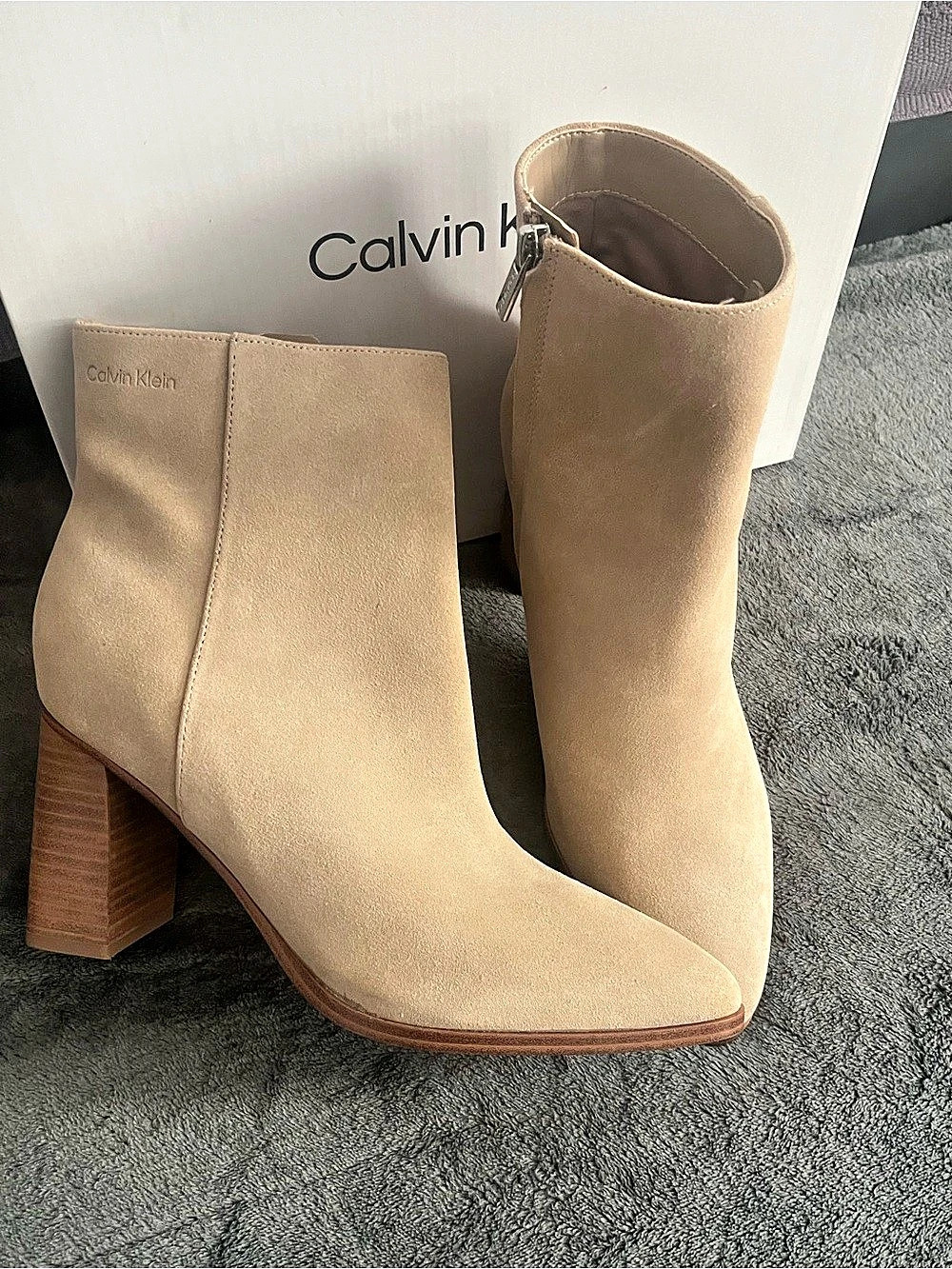 Calvin Klein Dezzi High Block Heel Booties Beige